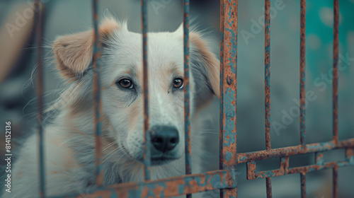 Cão vadio sem teto em gaiola de abrigo de animais. Triste cão faminto abandonado atrás da velha grade enferrujada da gaiola em abrigo para animais desabrigados. photo