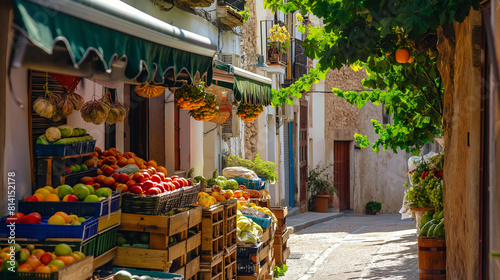 Mercado de rua ao ar livre de produtos naturais. Loja de pequenos agricultores locais de frutas, legumes nas ruas da cidade espanhola em dia ensolarado. Detalhe da Espanha photo