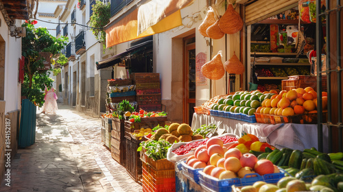 Mercado de rua ao ar livre de produtos naturais. Loja de pequenos agricultores locais de frutas, legumes nas ruas da cidade espanhola em dia ensolarado. Detalhe da Espanha photo