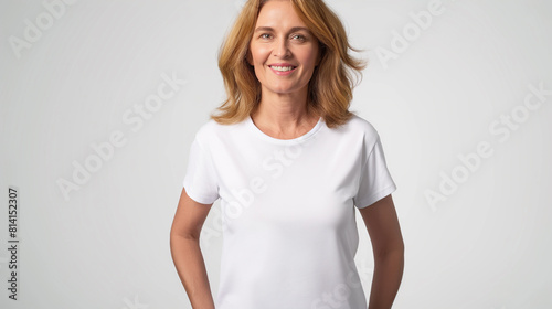 Mulher sorridente de meia idade vestindo camiseta branca em branco com espaço vazio para logotipo ou texto Maquete de camiseta branca em branco photo