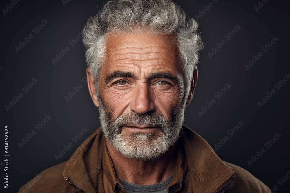 Close-up of a mature man with striking gray hair and a rugged appearance against a dark background Close-up of a mature man with striking gray hair and a rugged appearance against a dark background