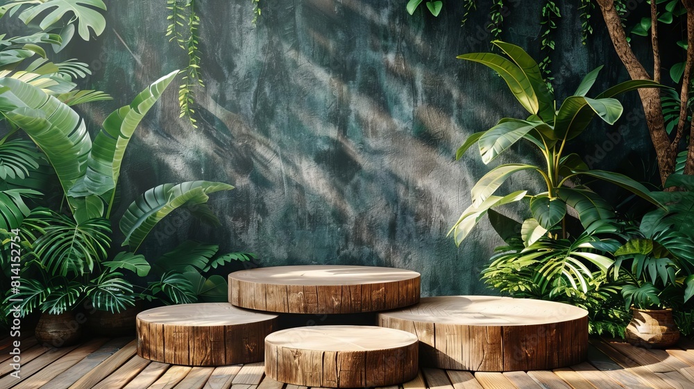 The wooden table is placed in the middle of the forest The wooden table is placed in the middle of the forest