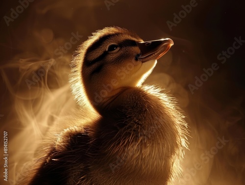 A duckling illuminated by warm light, creating a soft and fuzzy effect, with a dark background. photo