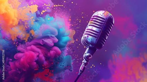 A retro microphone stands out against a vibrant and colorful smoke cloud background in this eye-catching 3D rendering illustration.