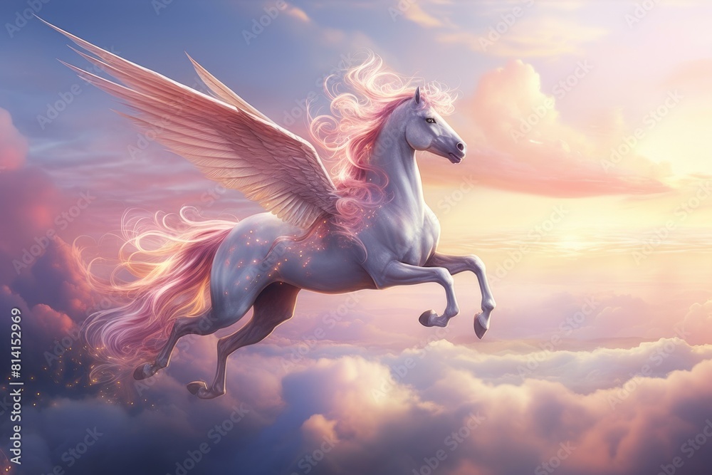 Breathtaking illustration of a pegasus with glowing wings soaring through a dreamy sunset sky Breathtaking illustration of a pegasus with glowing wings soaring through a dreamy sunset sky