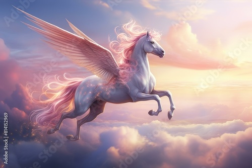 Breathtaking illustration of a pegasus with glowing wings soaring through a dreamy sunset sky