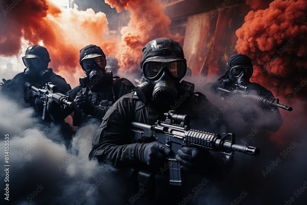A group of men wearing gas masks are seen holding guns, likely counter terrorism operatives. They appear prepared for action, with smoke grenades enhancing their tactics A group of men wearing gas masks are seen holding guns, likely counter terrorism operatives. They appear prepared for action, with smoke grenades enhancing their tactics