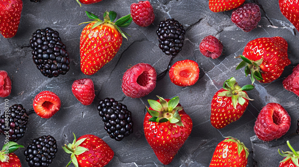 A detailed shot of a cluster of strawberries and raspberries against a gray backdrop A detailed shot of a cluster of strawberries and raspberries against a gray backdrop