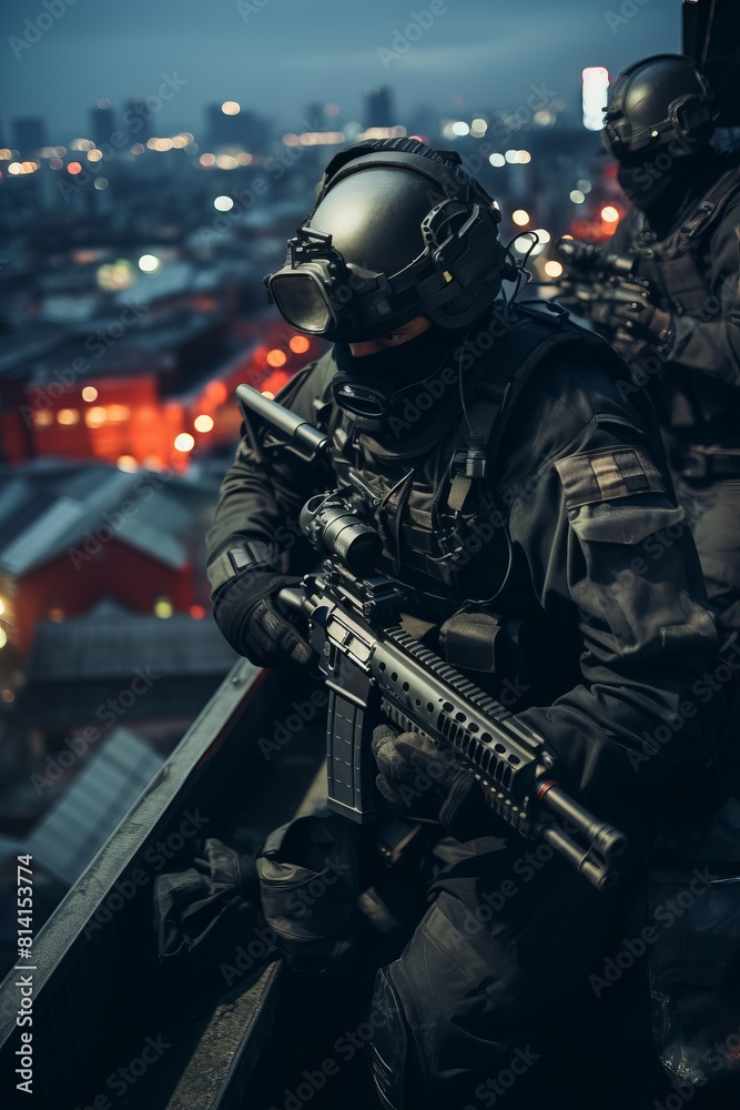 A man wearing a gas mask is seen holding a gun on a rooftop during a surveillance operation. The man appears to be part of an elite commando unit