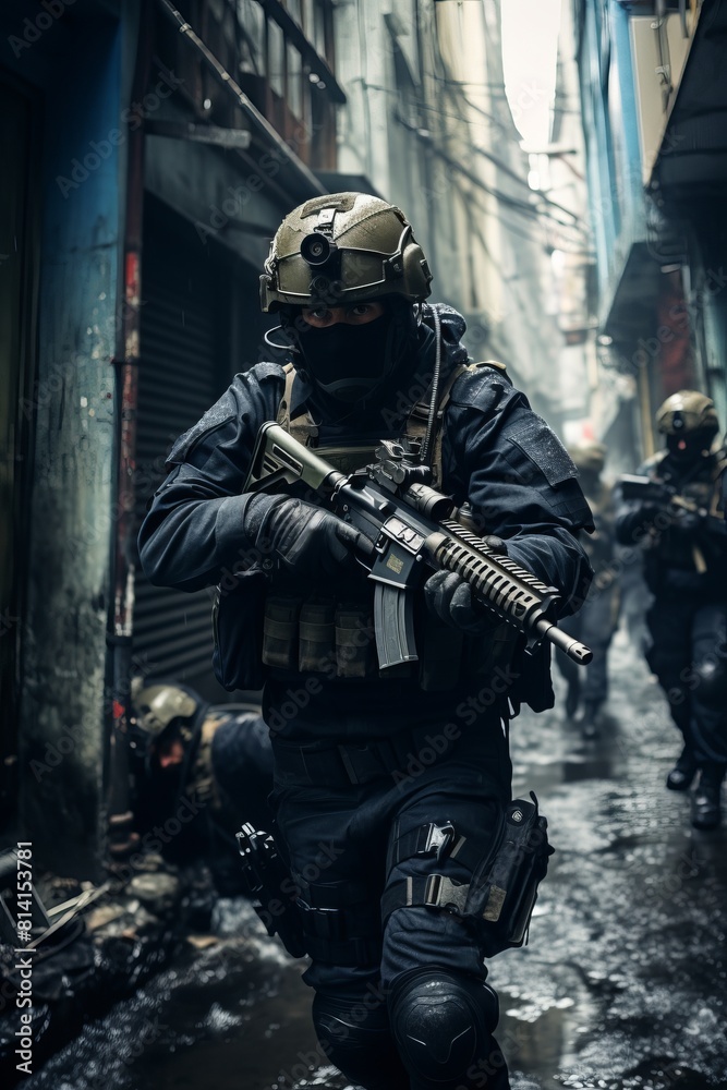 Elite commandos are seen walking down a street in formation, possibly on a mission or patrol. The soldiers are dressed in camouflage uniforms and carry weapons as they move with purpose and vigilance Elite commandos are seen walking down a street in formation, possibly on a mission or patrol. The soldiers are dressed in camouflage uniforms and carry weapons as they move with purpose and vigilance