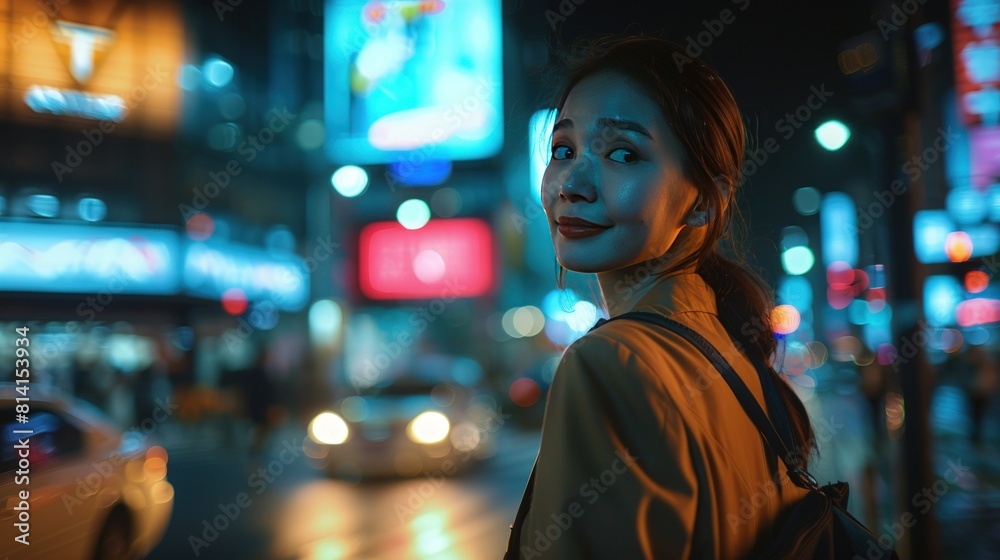 A young businesswoman in a chic outfit standing on a city street at night, her face illuminated by the glow of lights and advertising boards. A young businesswoman in a chic outfit standing on a city street at night, her face illuminated by the glow of lights and advertising boards.