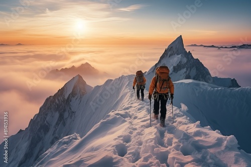 Experienced climbers navigating a treacherous glacier high above the clouds, real photo quality shoot on Canon camera --ar 3:2 --style raw --stylize 250 Job ID: e7ee9182-aa22-45f7-8778-ba2bfbdb492c photo
