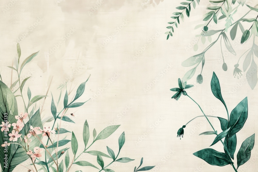 A soft linen background with green leaves and flowers in the right hand corner Generative AI A soft linen background with green leaves and flowers in the right hand corner Generative AI