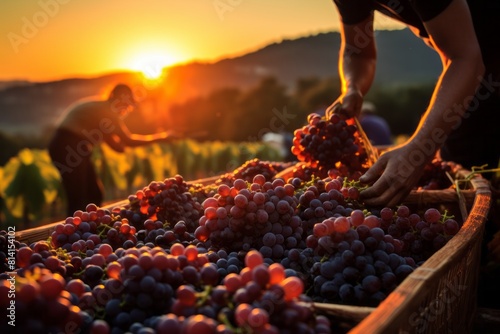 Two individuals are seen picking ripe grapes from a crate against the backdrop of a setting sun. They are engrossed in their task, carefully selecting the grapes and placing them into containers