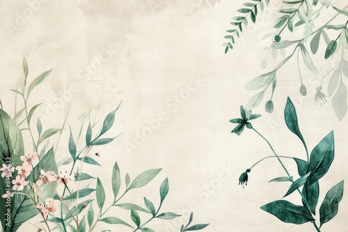 A soft linen background with green leaves and flowers in the right hand corner Generative AI