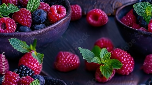   Close-up of raspberries and mint leaves on purple surface