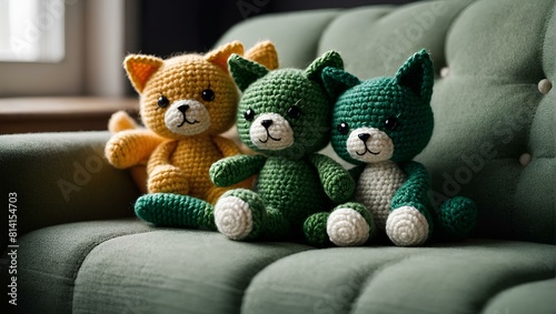 3 crochet amigurumi cats hugging each other  sitting on the sofa crochet amigurumi beautiful green little girl detailed High quality, hyper detailed, 8k, hyper realistic, photo