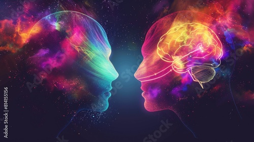 A symbolic image of two silhouetted heads facing each other, connected by vibrant, glowing lines representing telepathic communication. photo