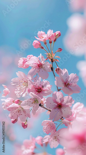 Pink cherry blossoms bloom against a bright blue sky, showcasing spring’s arrival.