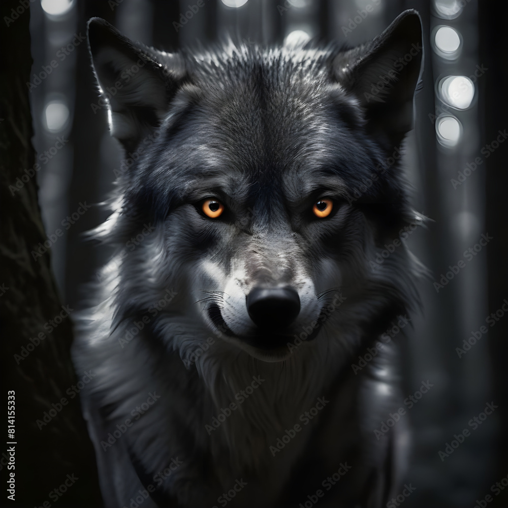 A black and grey wolf with yellow eyes stares out from the darkness of a forest A black and grey wolf with yellow eyes stares out from the darkness of a forest