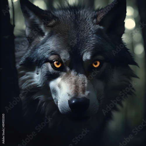 A black and grey wolf with yellow eyes stares out from the darkness of a forest