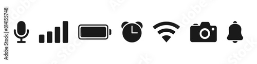 Status bar phone. Mobile icons set. Contain phone signal, wifi, battery, time, camera, microphone. Vector illustration