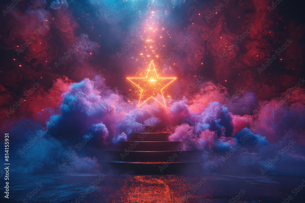 Neon-lit pyramid in blue and pink fog  glowing pink star atop. Neon lights steps of the structure, casting  surreal, atmospheric glow.