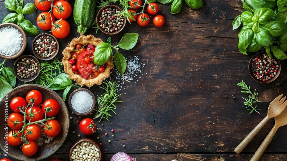 A wooden table, topped with bowls containing diverse vegetables and spices, is positioned beside a knife and fork A wooden table, topped with bowls containing diverse vegetables and spices, is positioned beside a knife and fork