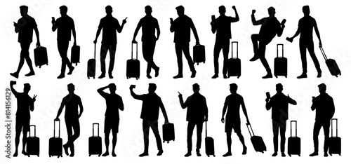 Silhouette of young man tourist with camera and smartphone. Male in casual clothes with a suitcase and tickets. Young male traveler goes on a journey. Vector illustration set isolated on white