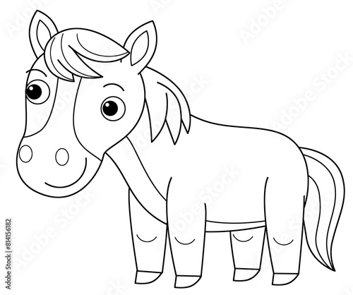 cartoon scene with farm ranch animal stallion pony horse coloring page drawing sketch isolated background illustration for the children