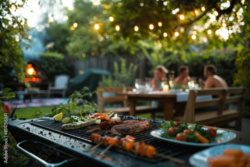 Cozy summer BBQ party with friends in a backyard at sunset