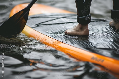 Shot of closeup of paddleboarders feet and paddle on board with ripples, Stand Up Paddle,  SUP photo