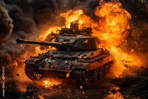 Military tank in action amidst a dramatic explosion and fiery battlefield
