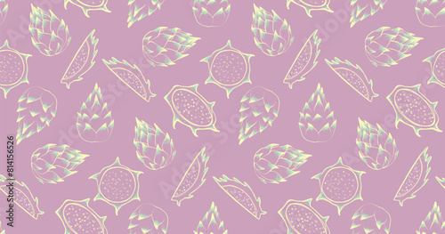 Seamless pattern with dragon fruits isolated on pink background. Vector Illustration of the exotic tropical pitayas.