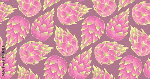 Seamless pattern with dragon fruits isolated on pink background. Vector Illustration of the exotic tropical pitayas.