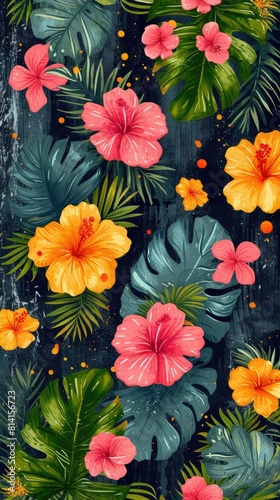 Pink and yellow tropical watercolor flowers and leaves. Vertical floral illustration