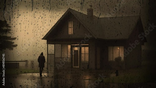 A man near a house on a rainy day. Gloomy atmosphere, double exposure