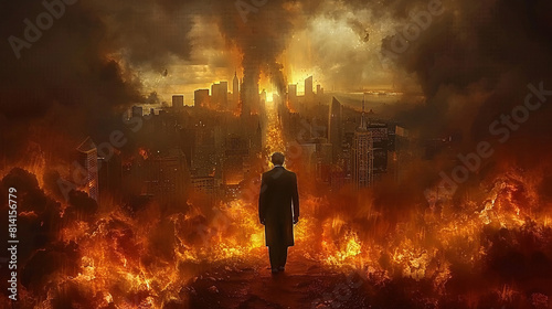 A man observes a fiery apocalypse engulfing a city.
