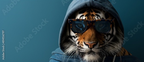 Tiger with cool and dark sunglasses and cool hoodie  blue background