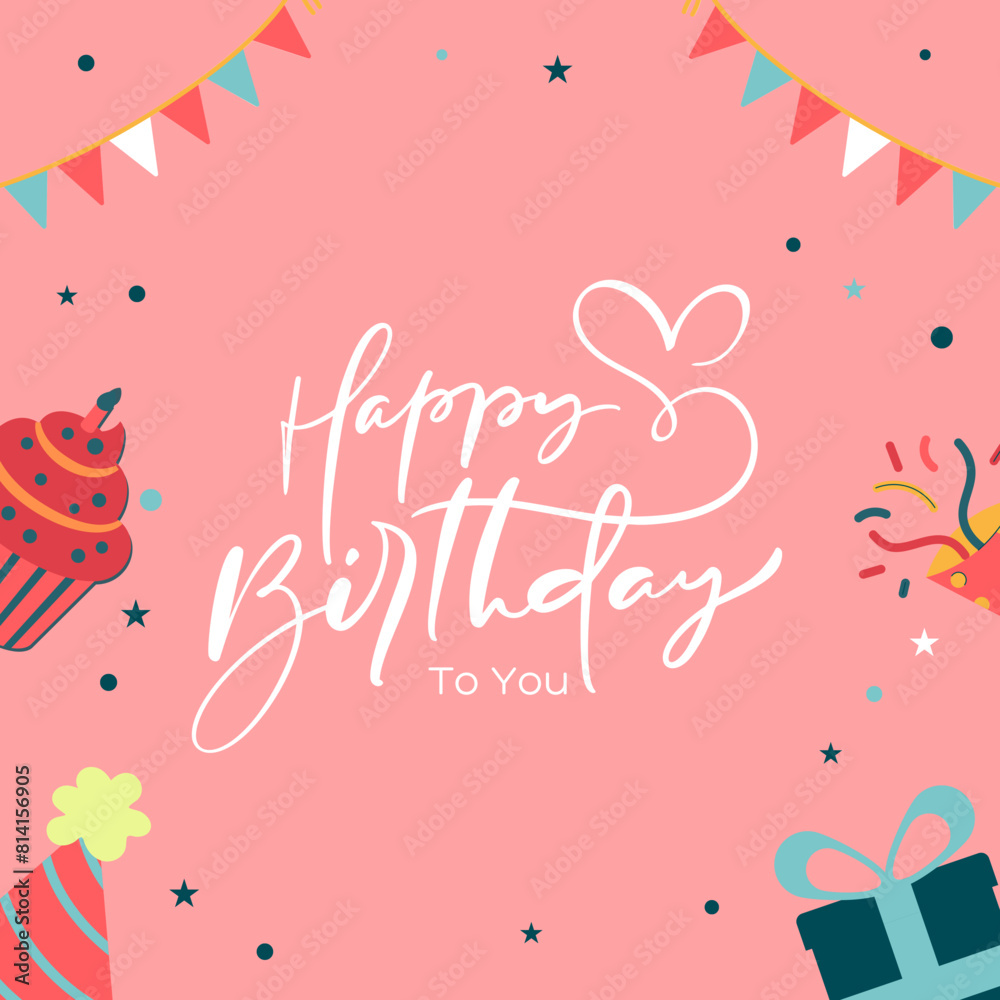 Happy Birthday typography vector design for greeting cards and poster with balloon, confetti and gift box, design template for birthday celebration.
