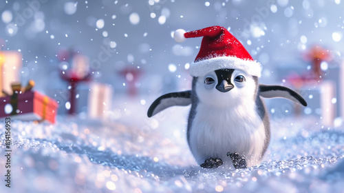 A lovable baby penguin with a red Christmas cap waddling happily across the snowy terrain with gifts in the background