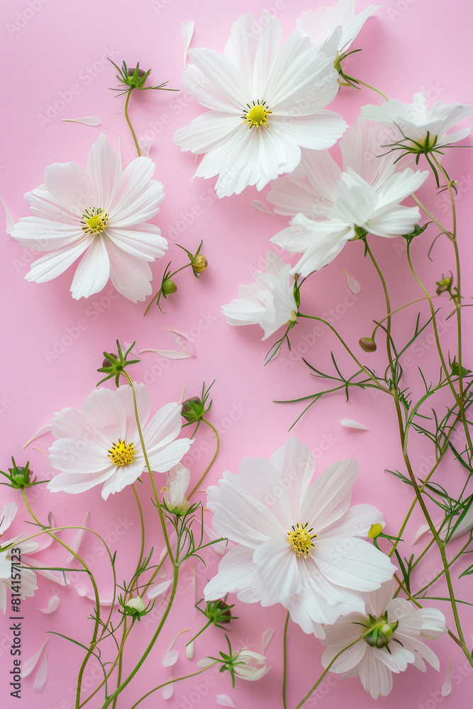 White Cosmos Flowers on Pink Pastel Background White Cosmos Flowers on Pink Pastel Background