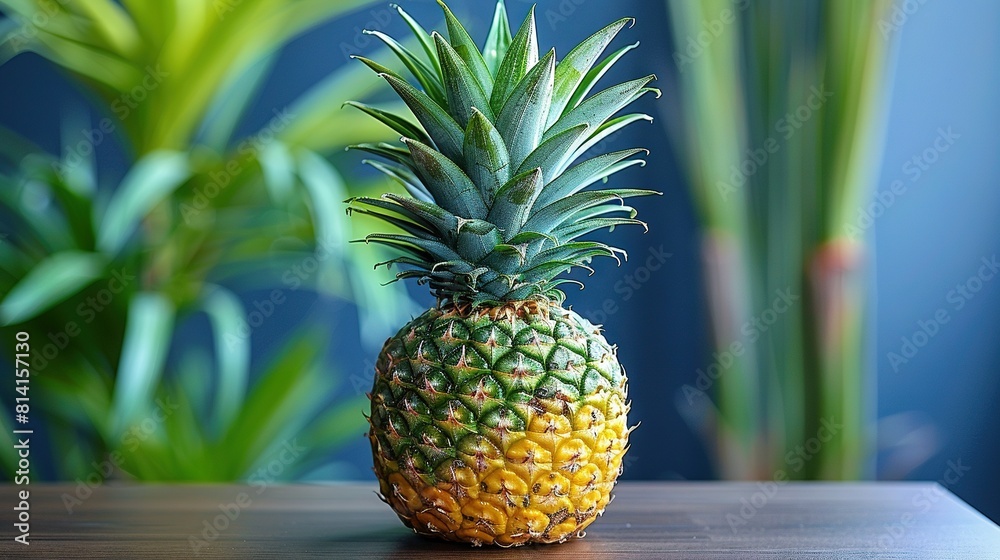 Obraz premium A pineapple perched atop a wooden table, surrounded by potted plants and positioned against a blue backdrop