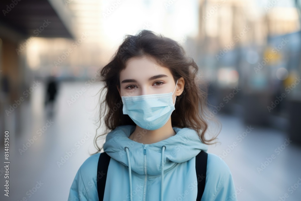 Portrait of a young female wearing a face mask in an urban setting, looking at the camera Portrait of a young female wearing a face mask in an urban setting, looking at the camera