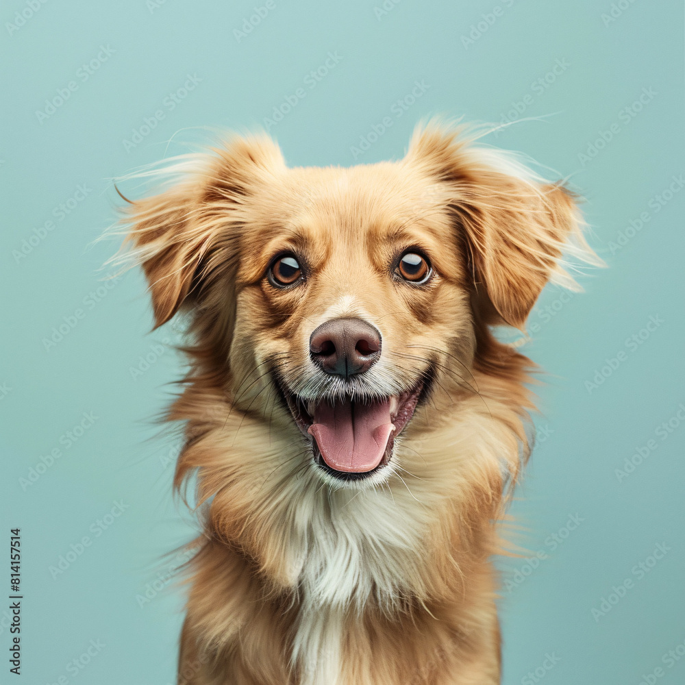 Happy dog with fluffy ears and a wide smile against a teal background.