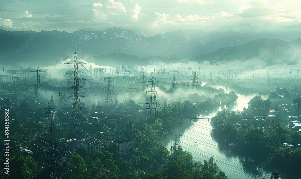 Aerial view of a vast network of electricity transmission towers, sprawling power lines, strategic distribution