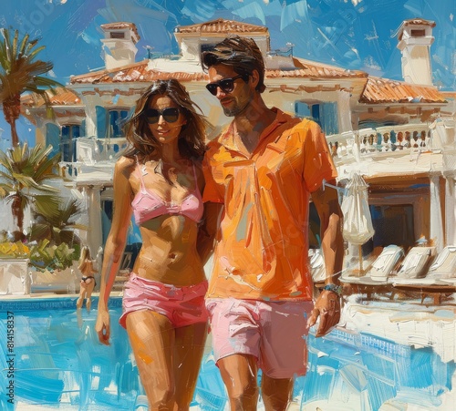 A Man and a Woman Walking by a Pool