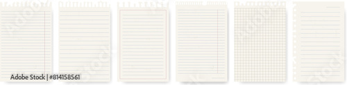 Paper sheets from a notepad. Set of realistic pages with texture. Collection of sheets with lines and cells.