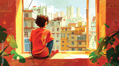 A lonely boy looking outside the window