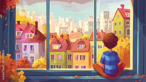 A lonely boy looking outside the window